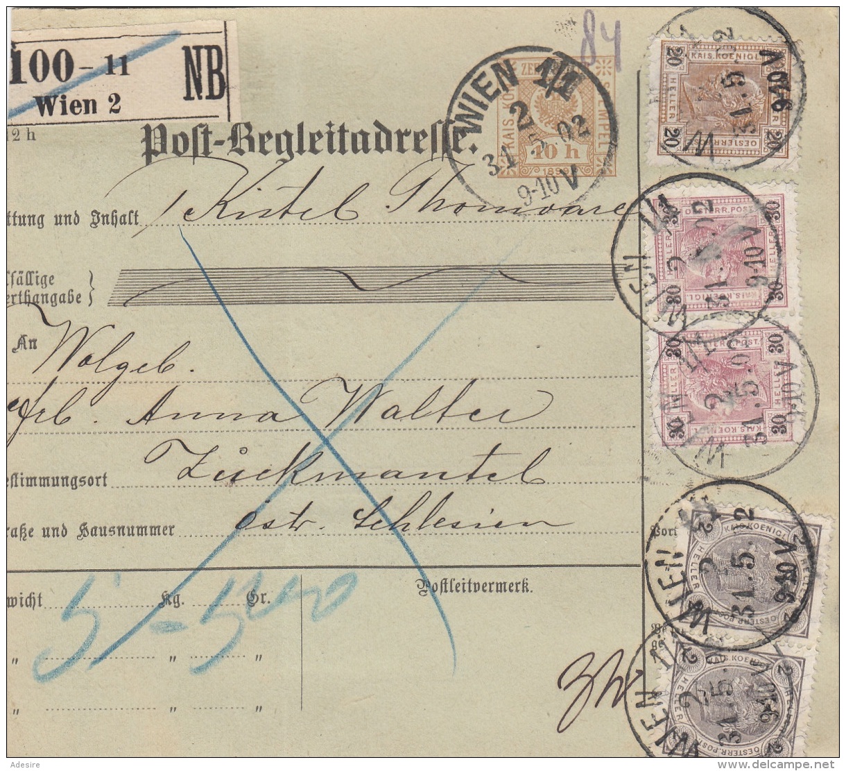 * ÖSTERREICH 1902 - 3 Heller Nachporto + 10 H Ganzsache + 2x2 H + 20 H + 2x30 H Auf Paketkarte Gel.1902 Von Wien Na ... - Abarten & Kuriositäten