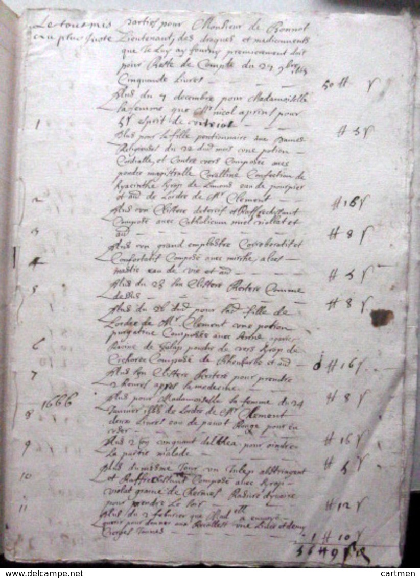 MEDECINE APOTHICAIRE 17°  MEDICAMENTS DONNE PAR UN APOTHICAIRE  A M BONNOT LIEUTENANT  MANUSCRIT 1665 - Documents Historiques