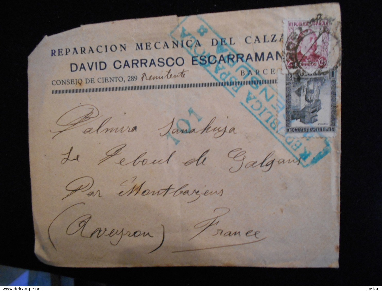 Enveloppe 1938 Espagne - Republica Espanola Censura - Reparacion Mecanica David Carrasco -- Lettre --  CL18 - Marques De Censures Républicaines