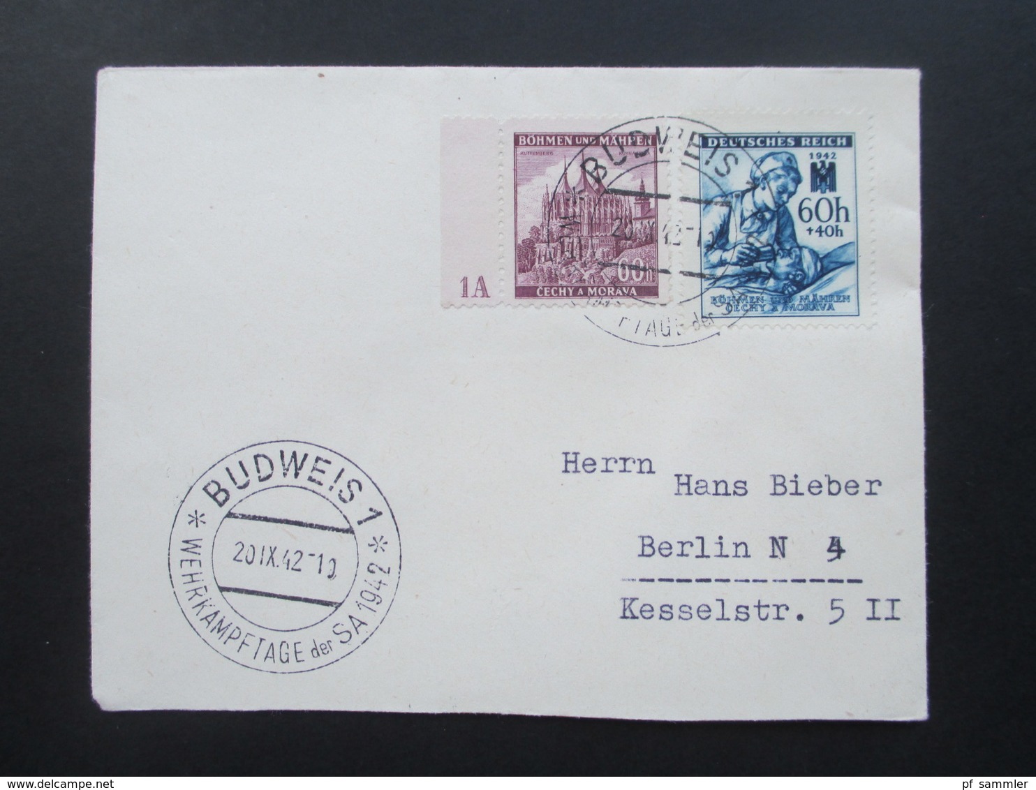 Böhmen Und Mähren MiF Nr. 27 Mit Plattennummer 1A SST Budweis 1 Wehrkampftage Der SA 1942 - Covers & Documents