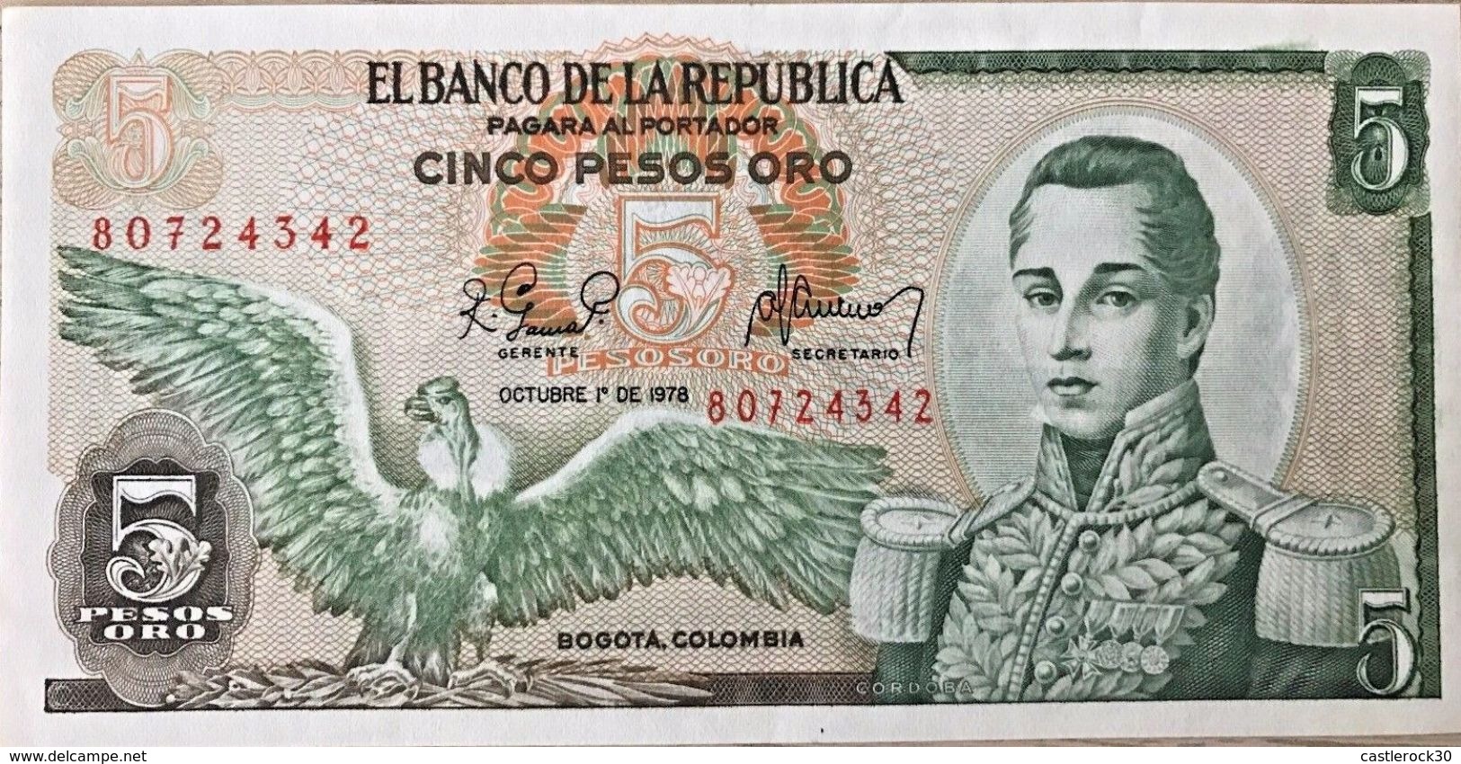 C) COLOMBIAN BANK NOTES 5 PESOS ORO ND 1978 1 PC - Colombie
