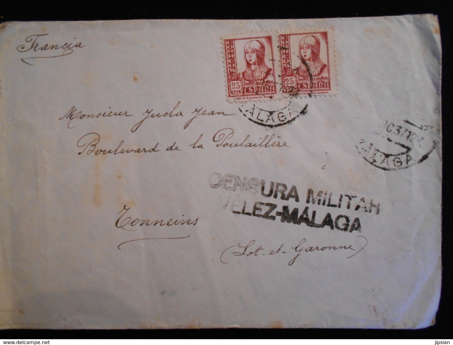 Enveloppe 1937 Espagne Censura Militar Velez Malaga  Lettre  CL18 - Marques De Censures Nationalistes