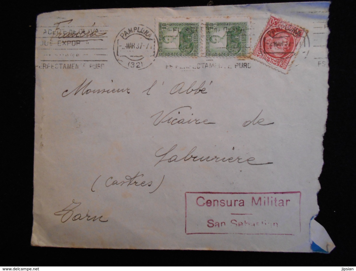 Enveloppe 1937 Espagne Censura Militar San Sebastian   Lettre  CL18 - Nationalists Censor Marks