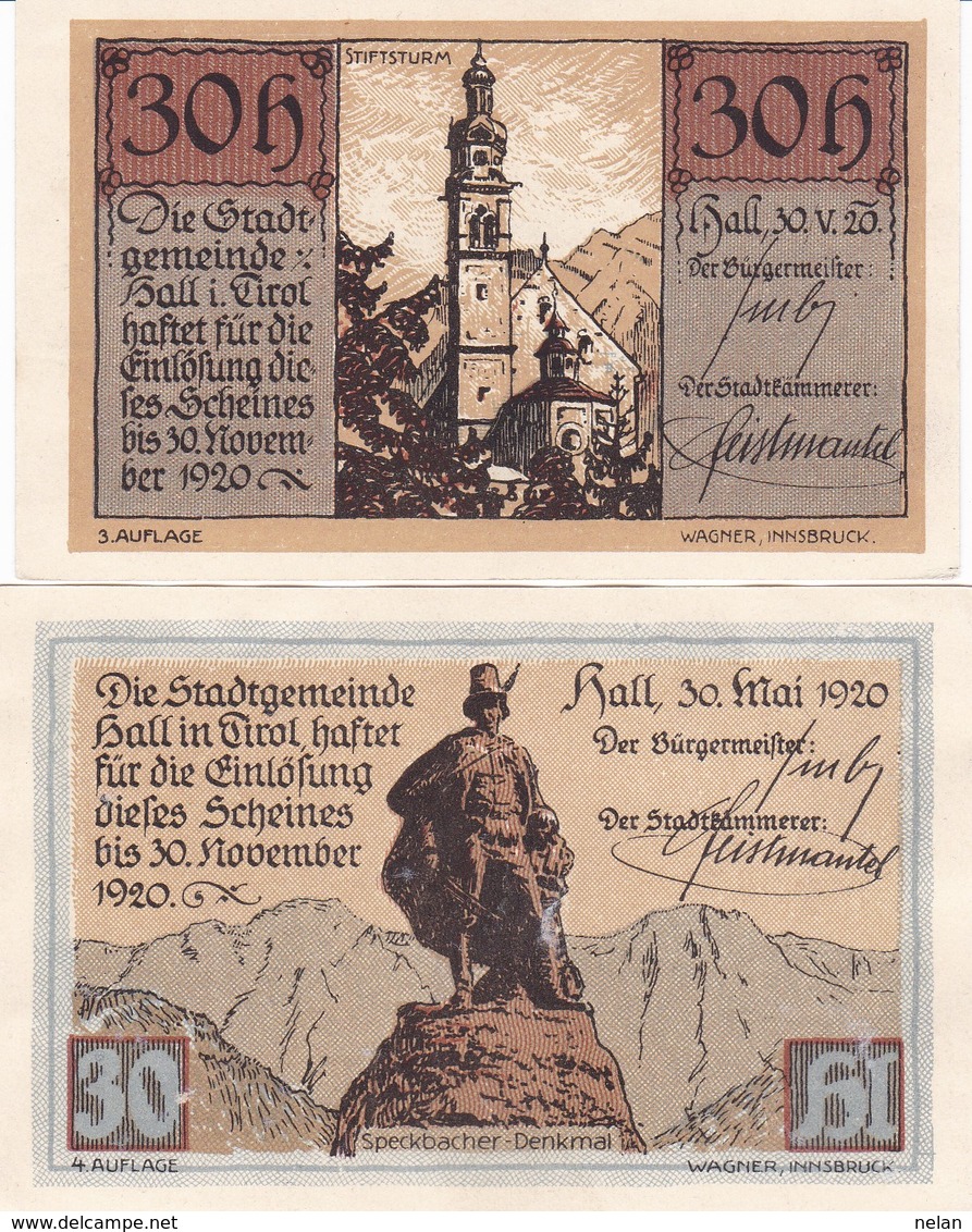 NOTGELD AUSTRIA  30 HELLER -HALL IN TIROL 1920 UNC - Austria