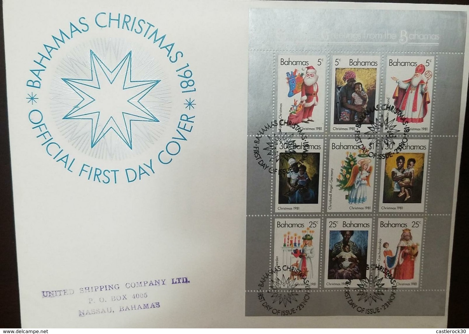 L) 1981 BAHAMAS, CHRISTMAS, STAR, SANTA CLAUS, PEOPLE, CHILD, ANGEL, BLOCK OF 6, FDC - Bahamas (1973-...)