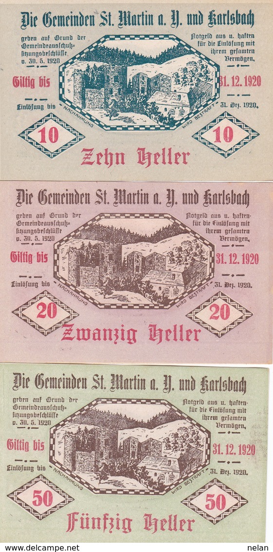 ÖSTERREICH   NOTGELD AUSTRIA-10,20,50 HELLER 1920-ST. MARTIN U KARLSBACH  UNC - Austria