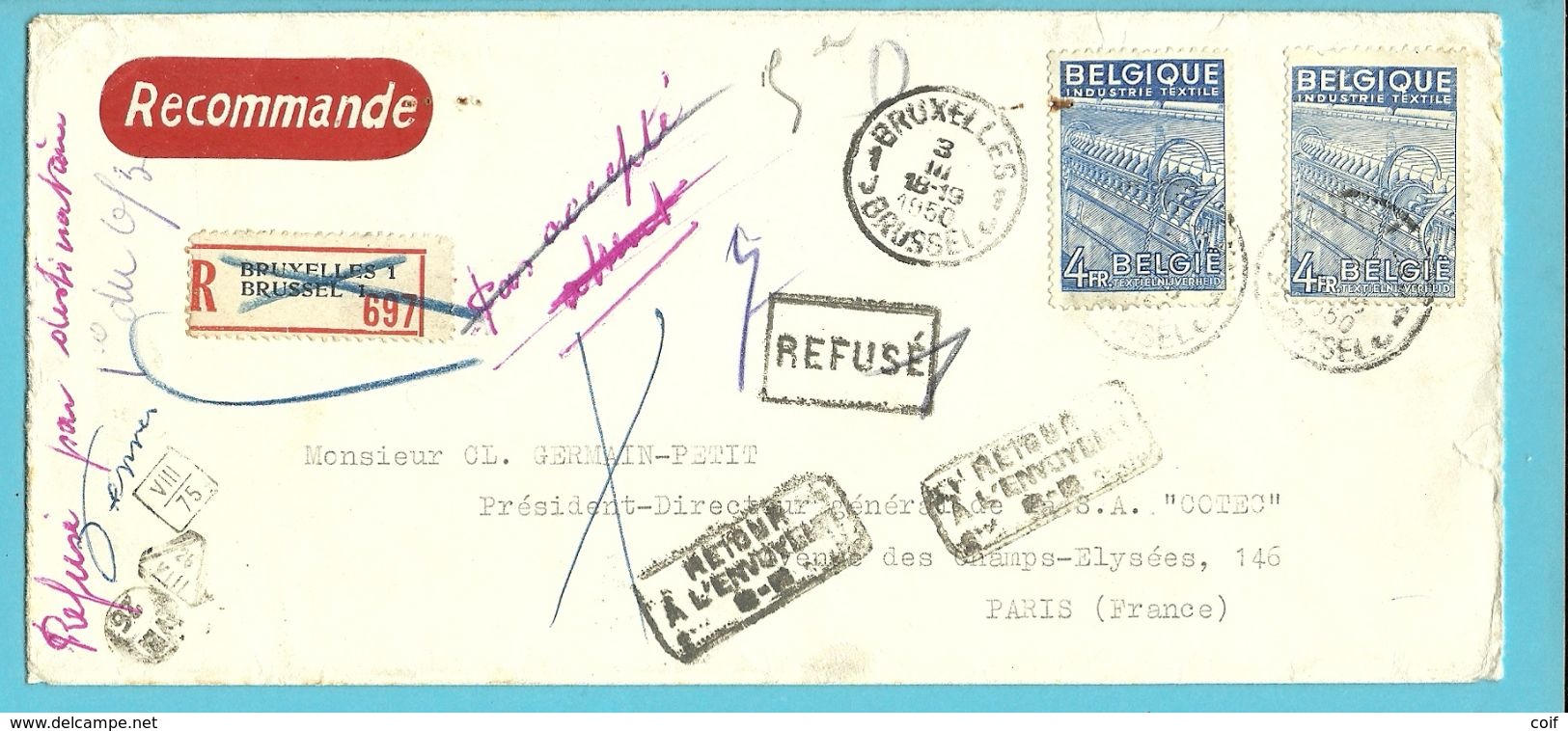 771 Op Brief Aangetekend Met Stempel BRUXELLES Naar PARIS, Stempel RETOUR... - 1948 Export