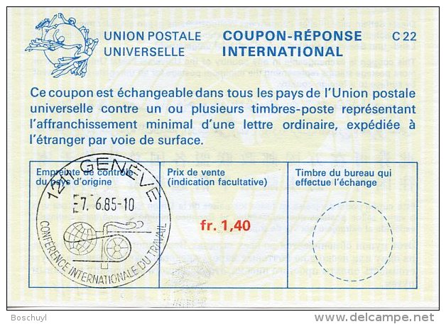 United Nations Geneva, Nations Unies, 1985, International Reply Coupon, IRC, International Labour Organization Cancel - Autres & Non Classés