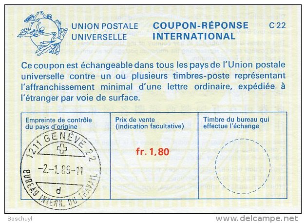 United Nations Geneva, Nations Unies, 1986, International Reply Coupon, IRC, ILO - BIT Letter D Cancel - Autres & Non Classés