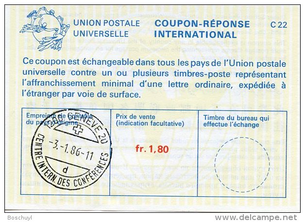 United Nations Geneva, Nations Unies, 1986, International Reply Coupon, IRC, Letter D Conference Center Cancel - Autres & Non Classés