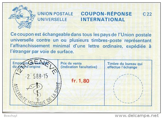 United Nations Geneva, Nations Unies, 1988, International Reply Coupon IRC,  Gaines G12, WHO First Day Cancel Gaines A41 - Autres & Non Classés