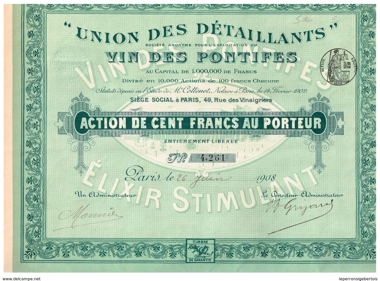 Ancienne Action - Union Des Détaillants  Du Vin Des Pontifes  - Titre De 1908 - - Industrie