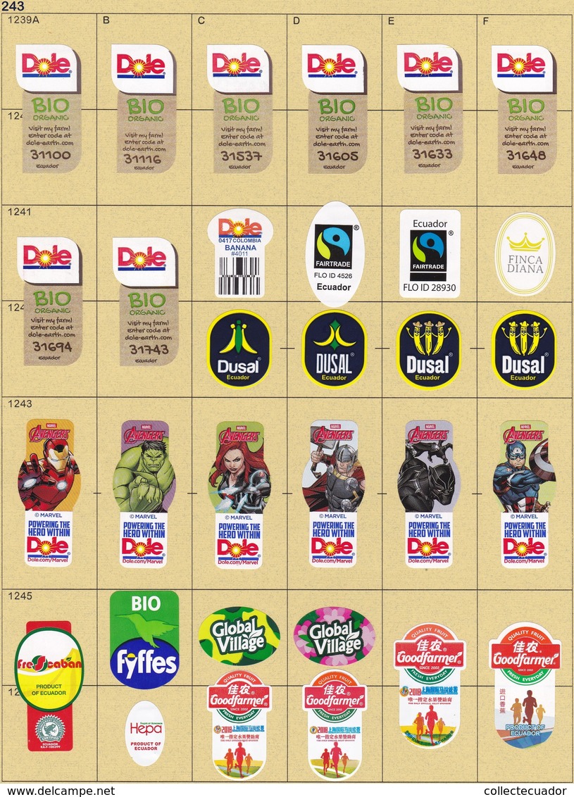 (243) Banana Labels Stickers Collection 32 Different - Colombia, Ecuador - Fruits & Vegetables