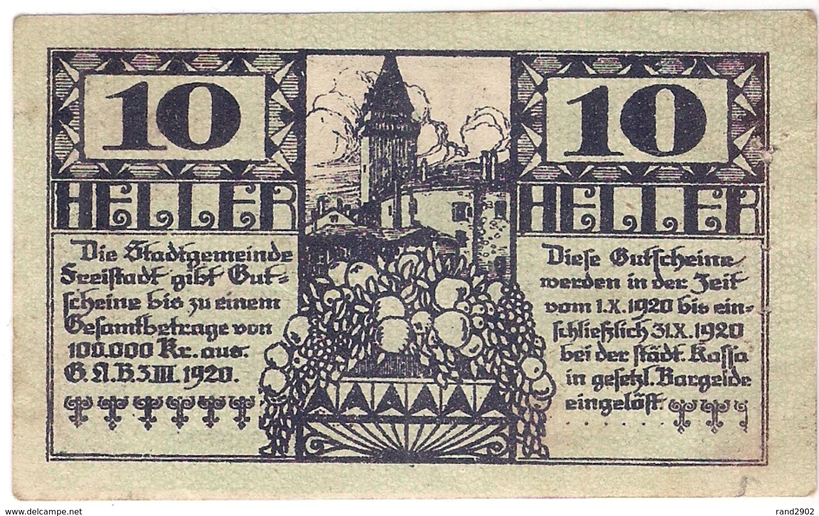 Österreich Austria Notgeld 10 HELLER FS212 FREISTADT /185M/ - Oesterreich