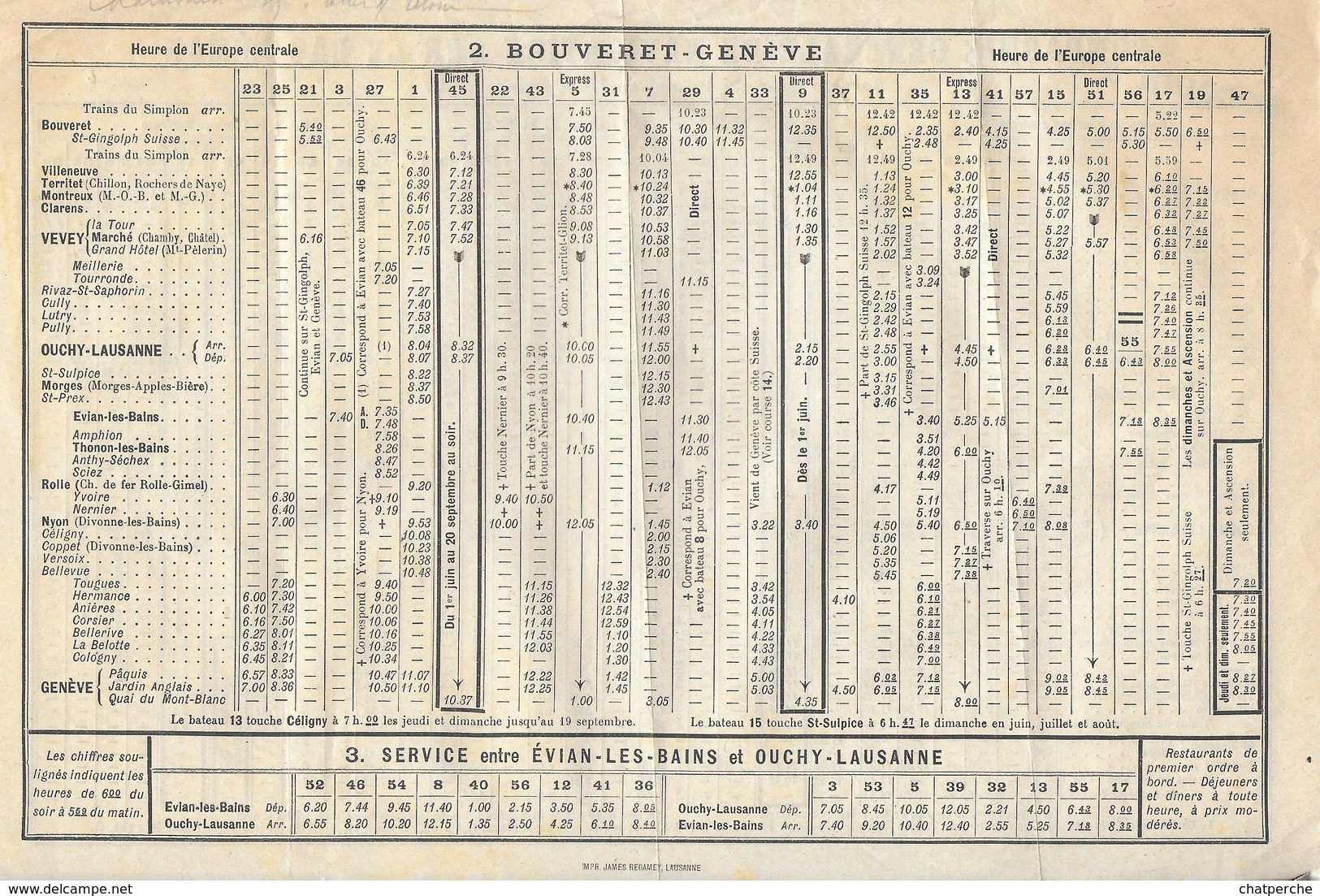 HORAIRE COMPAGNIE GENERALE NAVIGATION SUR LAC LEMAN ETE 1909 GENEVE BOUVERET ET RETOUR - Europa