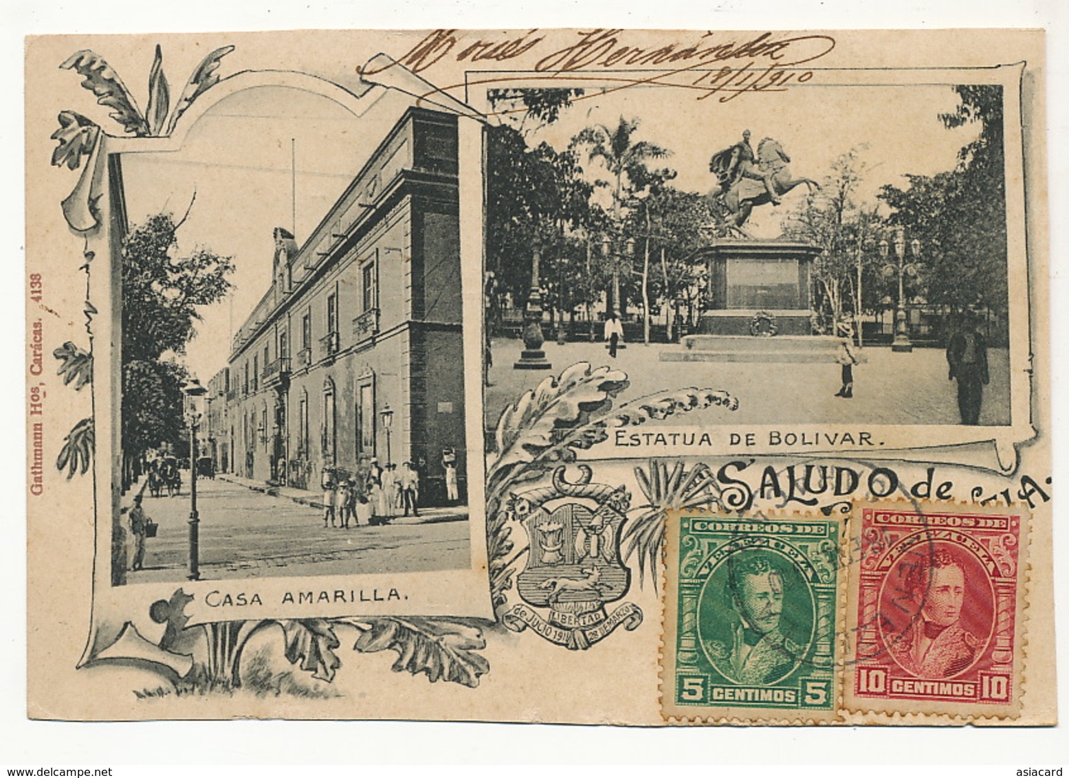 Caracas Casa Amarilla Y Estatua De Bolivar Maximum Card Edicion Gathman A Cienfuegos Cuba - Venezuela