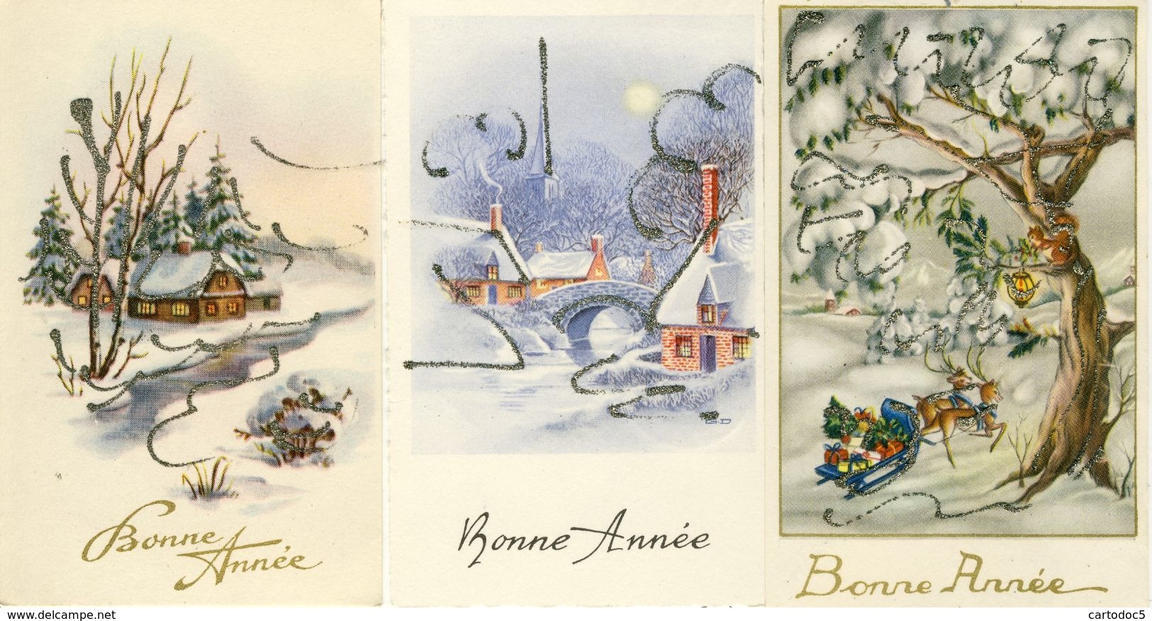 Lot De 3 Mignonettes Bonne Année Paysages De Neige 2 Rennes Tirant Un Traineau Avec Cadeaux Parsemés De Petits Brillants - Anno Nuovo