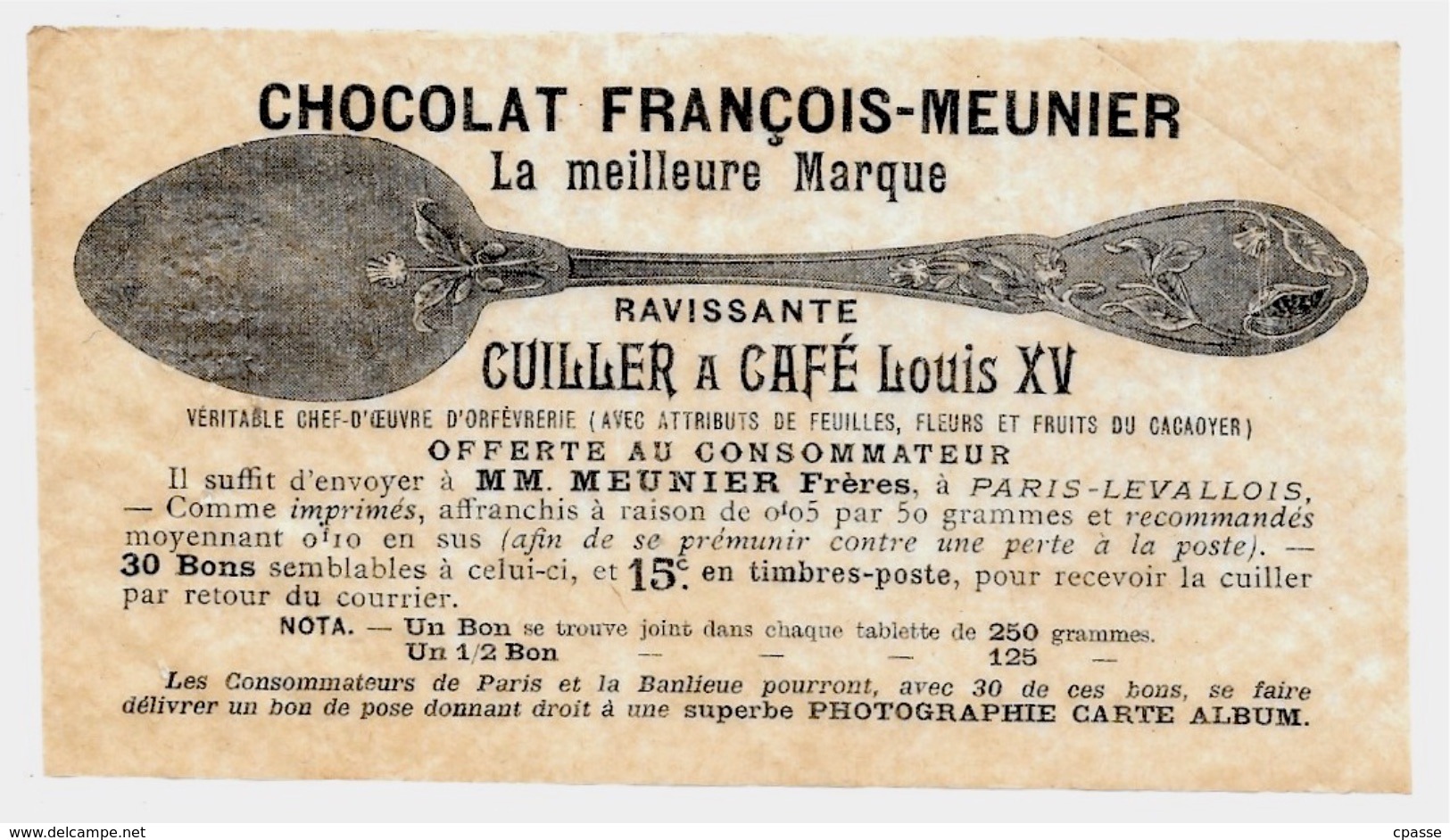 Image Publicitaire Du CHOCOLAT FRANCOIS-MEUNIER 92 "PARIS-LEVALLOIS" (Cuiller Et Photographie à Gagner) Publicité - Publicités