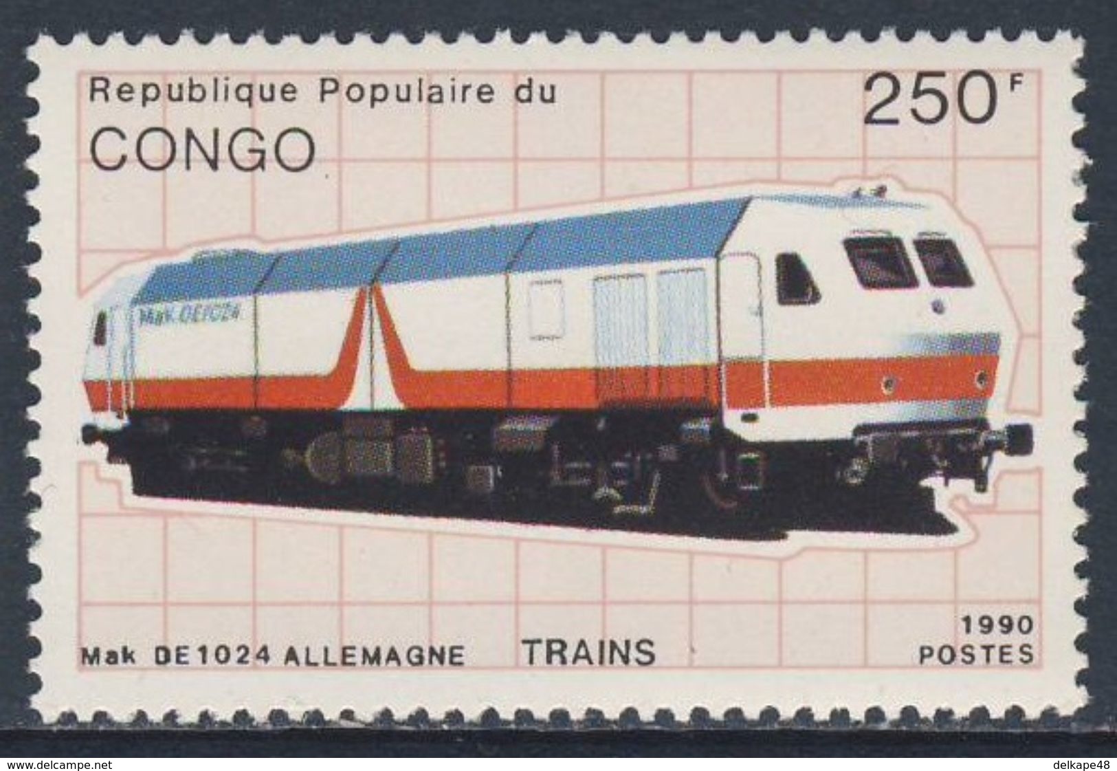 Congo Brazzaville 1991 Mi 1216 ** Mak DE 1024 Diesel-electric Locomotive, Germany / Schienentriebfahrzeug, Deutschland - Treinen