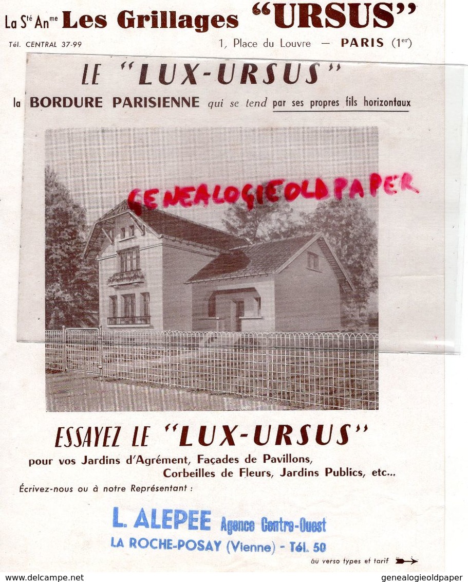 86- LA ROCHE POSAY-75- PARIS- PUBLICITE TARIFS- GRILLAGES URSUS- BORDURE PARISIENNE- L. ALEPEE-IMPRIMERIE JEAN FLEURY - Agriculture