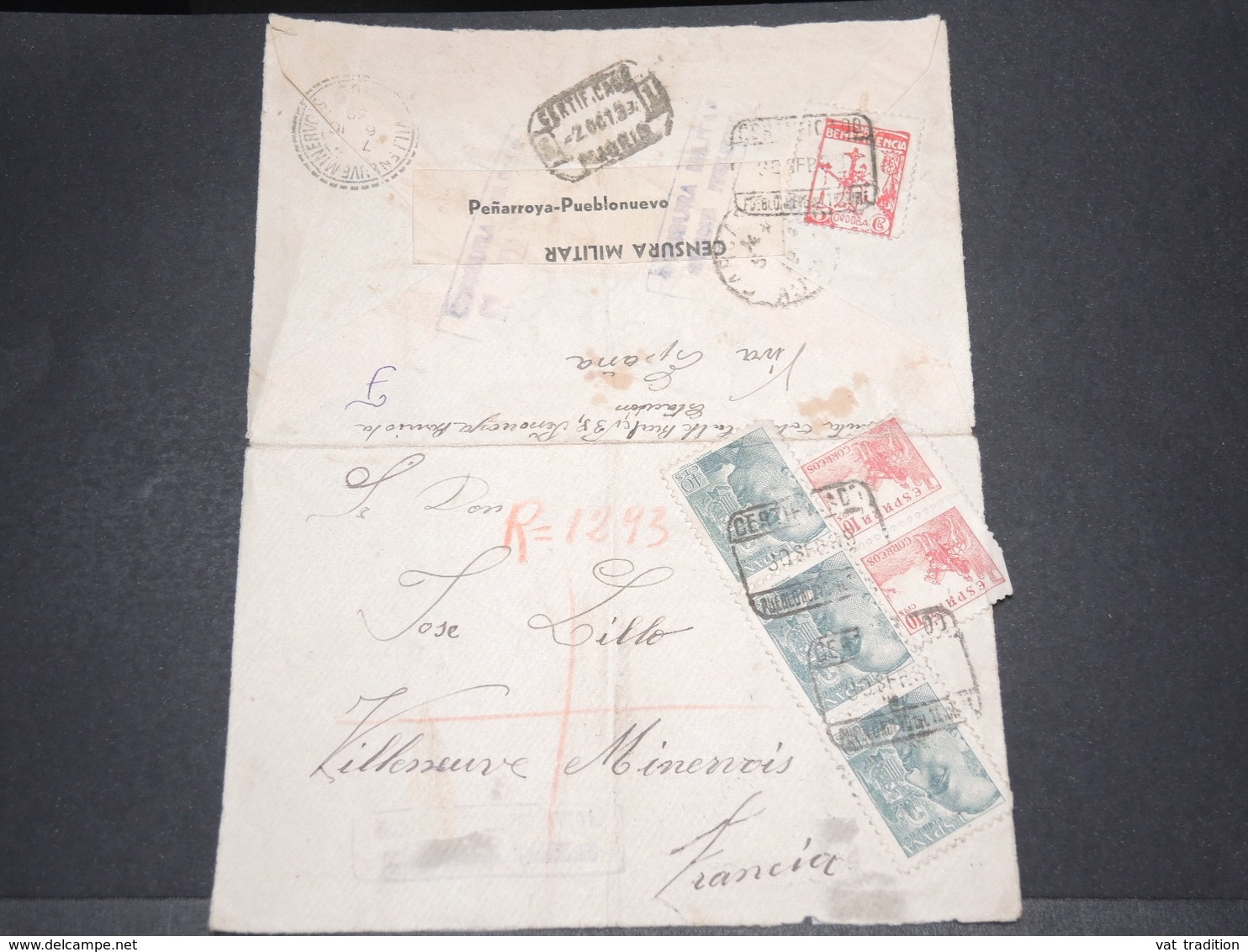 ESPAGNE - Enveloppe En Recommandé De Pueblonuevo Pour La France En 1939 Avec Censure - L 14519 - Marcas De Censura Nacional