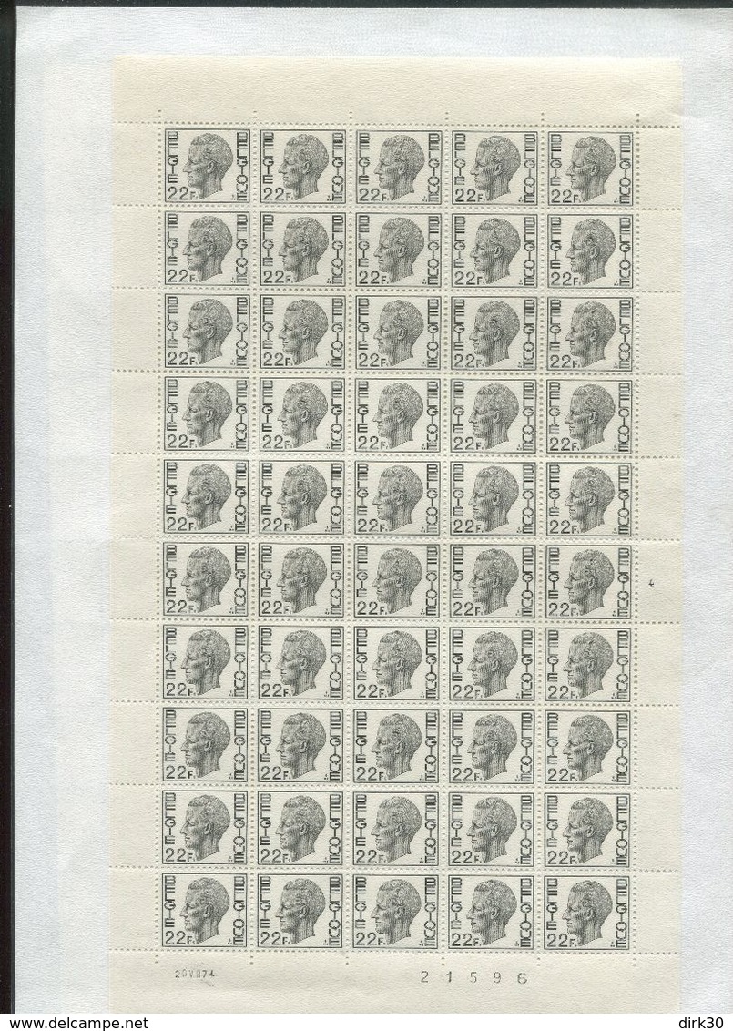 Belgie 1727 22fr Elstrom Boudewijn Full Sheet Of 50 R Plaatnummer 4 20/8/1974 - 1971-1980