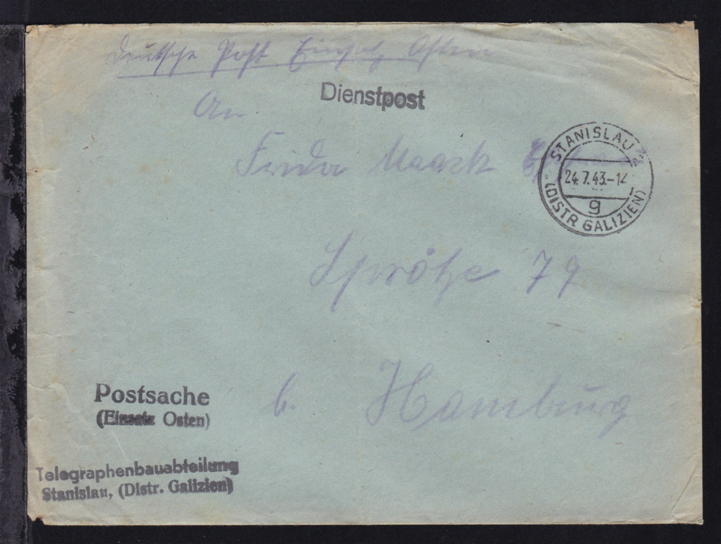 Dienstbrief (Postsache Einsatz Osten) Der Telegraphenbauabteilung Stanislau - Besetzungen 1938-45
