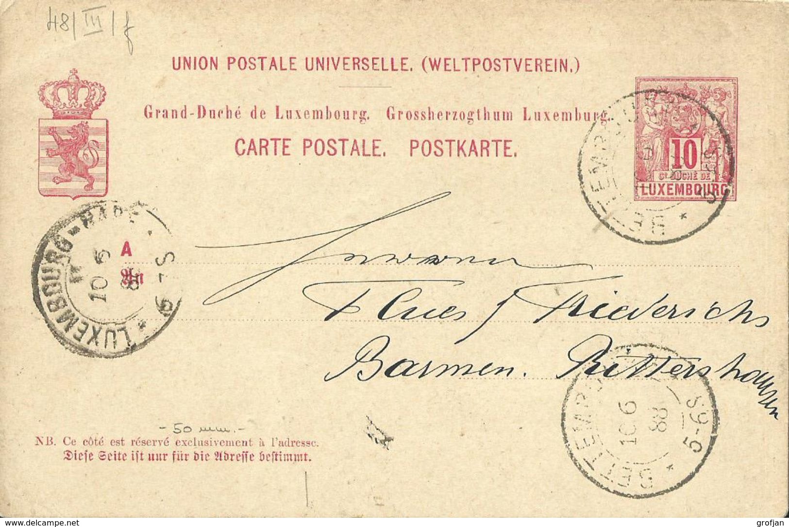 Carte Correspondance - Stationery - Entier Postal - No. 48 Bettembourg à Barmen Bitter 1888 - Servizio