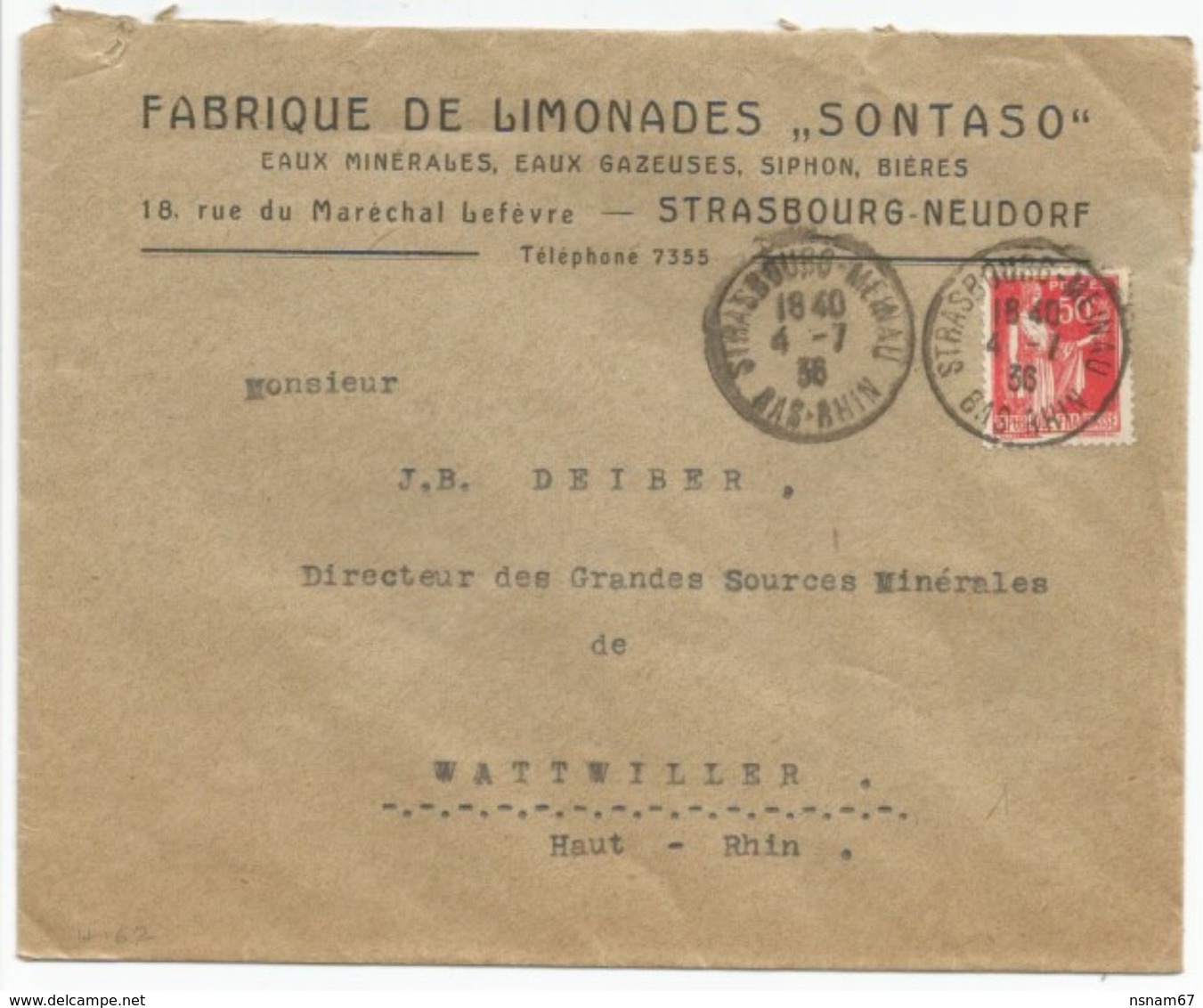 H167 - STRASBOURG MEINAU Bas Rhin - 1936 - Timbre Type PAIX - Entête LIMONADES SONTASO Bières Eaux Minérales - - Other & Unclassified