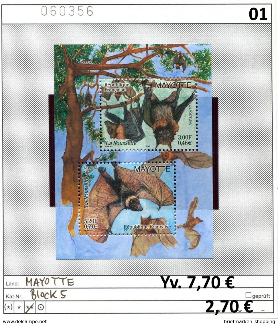 Mayotte 2001 - Michel / Yvert Block 5 - ** Mnh Neuf Postfris - - Blocchi & Foglietti