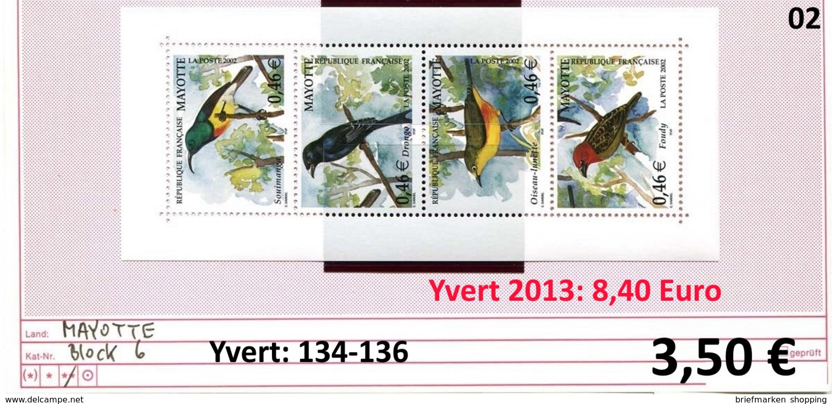 Mayotte 2002 - Michel Block 6 / Yvert 134-137 - ** Mnh Neuf Postfris - - Blocs-feuillets