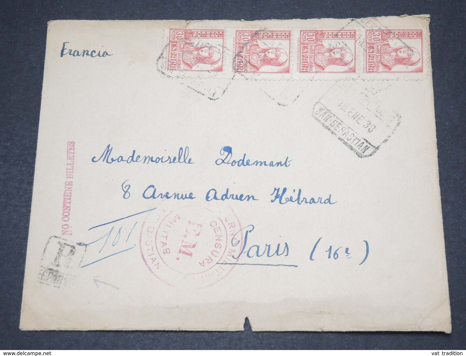 ESPAGNE - Enveloppe En Recommandé De San Sébastian Pour La France En 1938 Avec Censure - L 14549 - Republikeinse Censuur