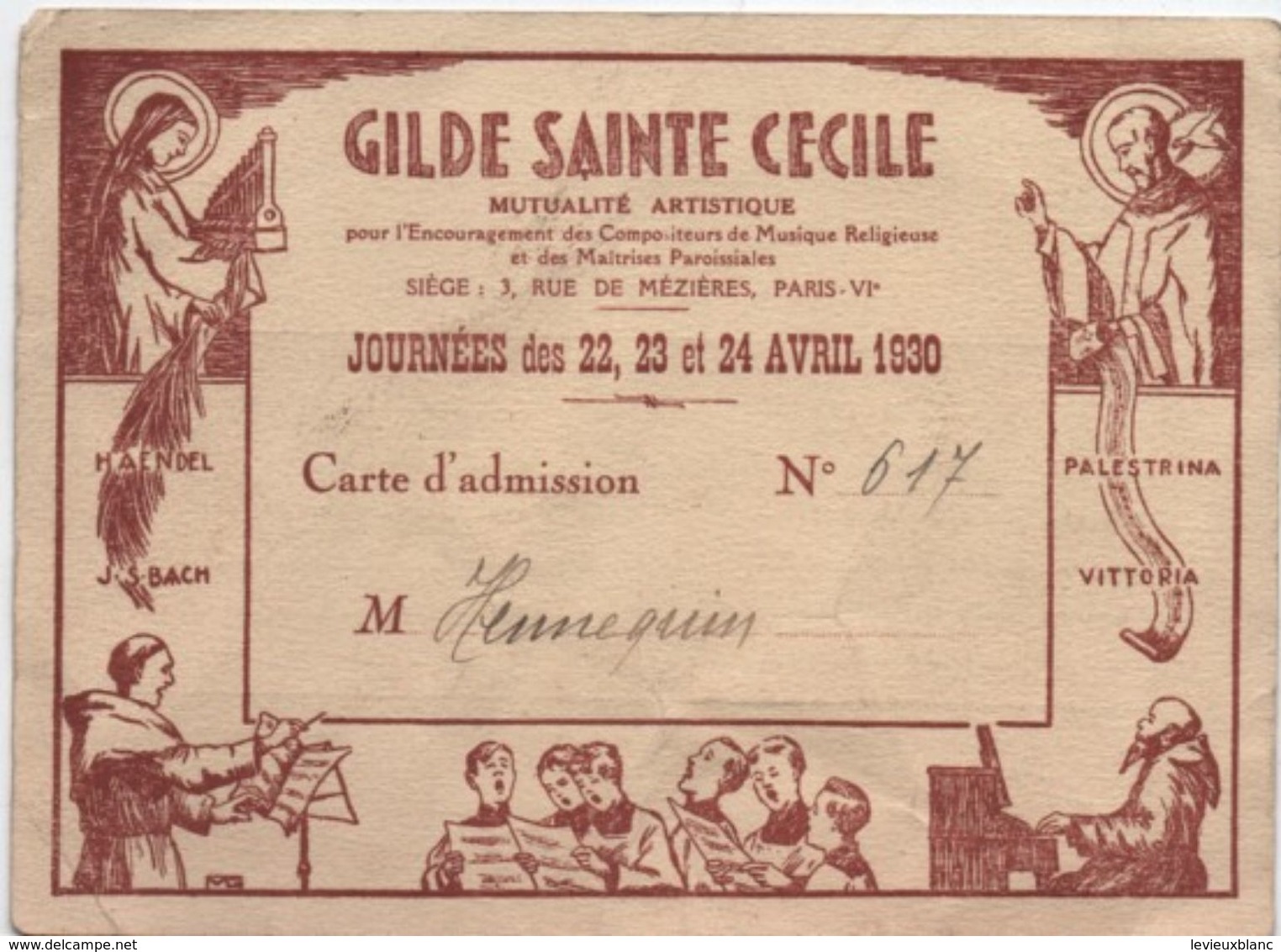 Musique/ Gilde Sainte Cécile/ Mutualité Artistique/ Carte D'Admission /Journées Des 22,23 Et 24 Avril/1930       VPN129 - Eintrittskarten