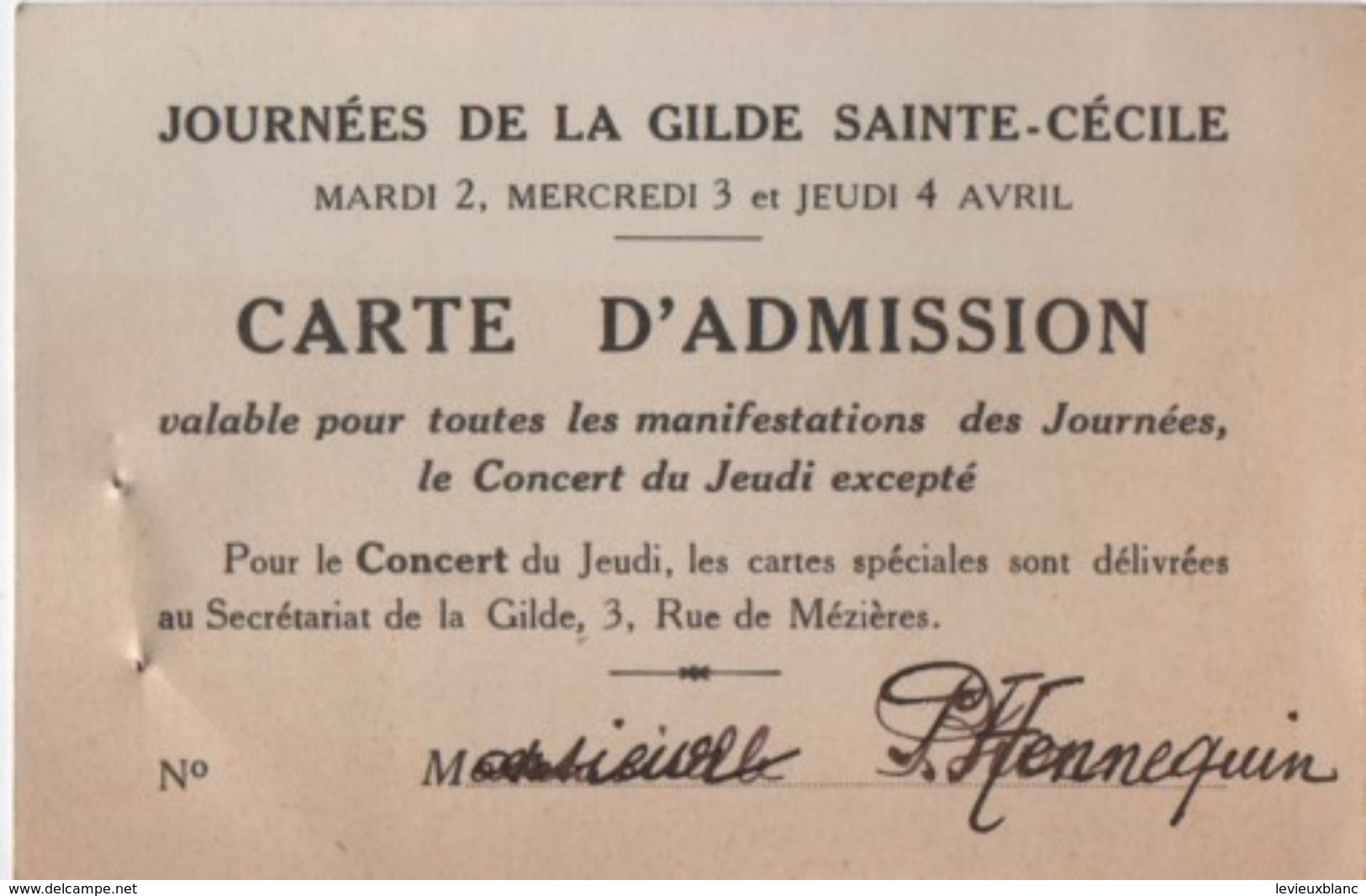 Musique/ Carte D'Admission/ Journées De La Gilde Saint Cécile//Avril /1930       VPN131 - Tickets D'entrée