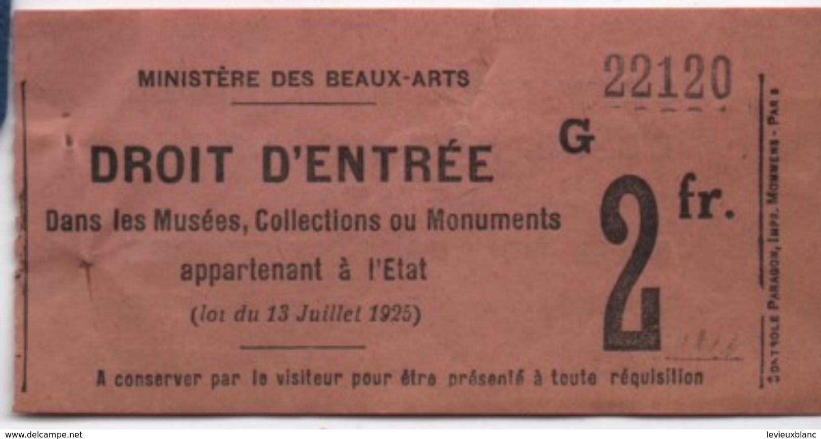 Art/Ministère Des Beaux-Arts/Droit D'Entrée/Musée Du Louvre/ Mommens :Paris/1930       VPN132 - Eintrittskarten