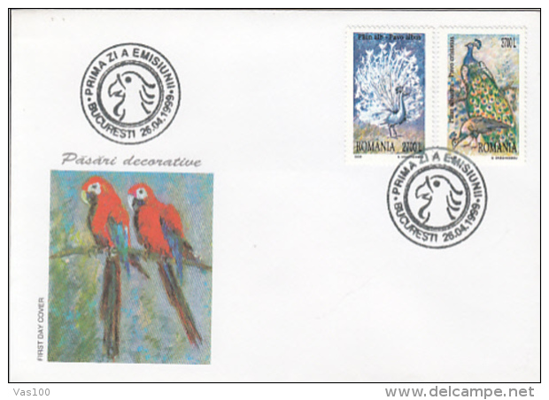 BIRDS, PEACOCK, PARROTS, COVER FDC, 1999, ROMANIA - Paons
