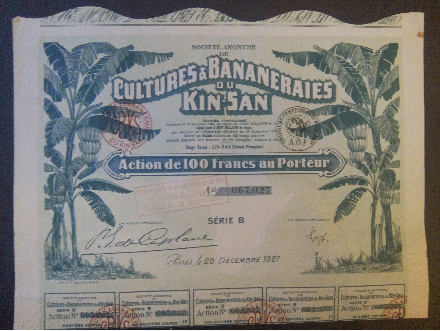 1 Sté Cultures Bananeraies KIN-SAN Guinée 1927 - Andere & Zonder Classificatie