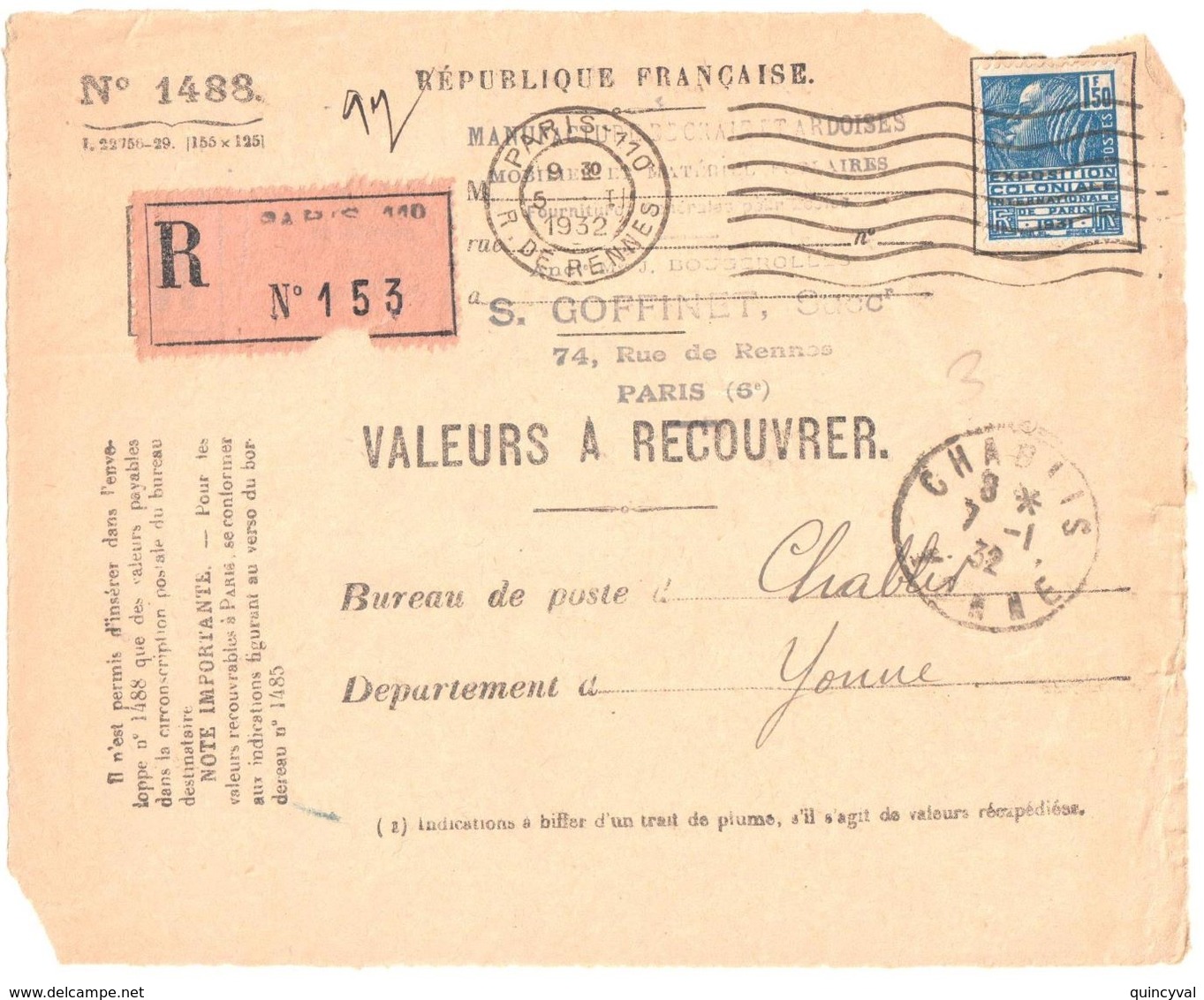 4437 PARIS 110 Valeurs à Recouvrer 1488 Expo Coloniale 1931 1,50 F Bleu Yv 273 Dest Chablis Yonne - Lettres & Documents