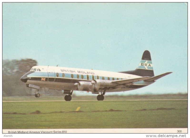 British Midlands Airways Viscount Series 810 Propeller Airplane C1970s Vintage Postcard - 1946-....: Moderne