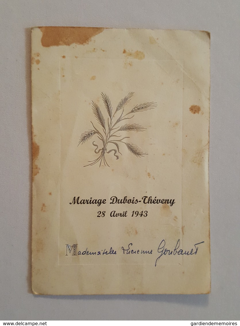 Menu De Mariage Dubois & Théveny 1943 - Mr Goubault De Montreuil Sur Barse - Regnier Imprimeur à Troyes - Menus