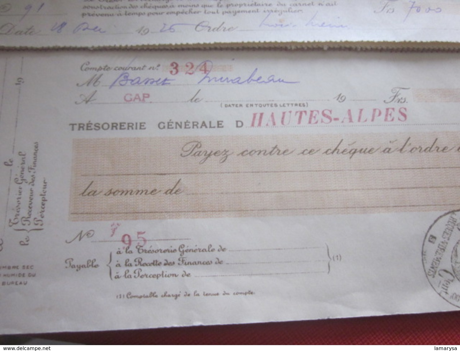 1926 Ancien Chéquier 6 Chèques Voyage Périmés Restants Des Hautes Alpes Cachet Fiscal à Sec Quittance 20c Sur Formulaire - Chèques & Chèques De Voyage