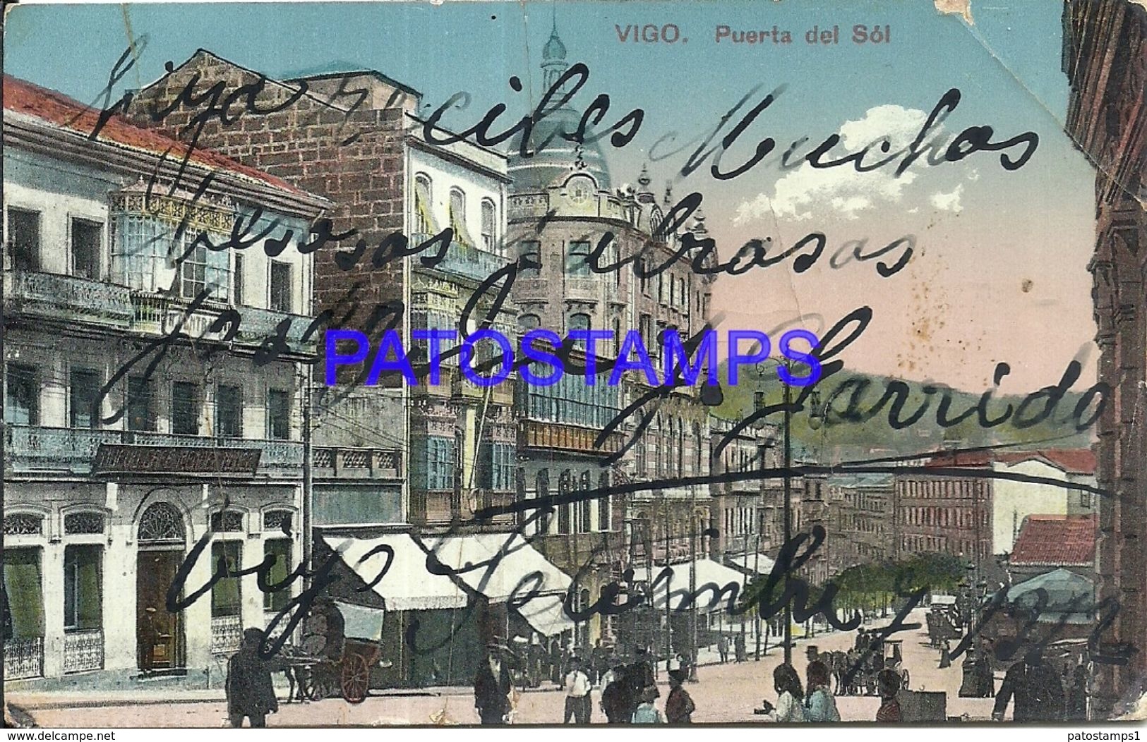 90167 SPAIN ESPAÑA VIGO PONTEVEDRA PUERTA DEL SOL DAMAGED CIRCULATED TO ARGENTINA POSTAL POSTCARD - Andere & Zonder Classificatie