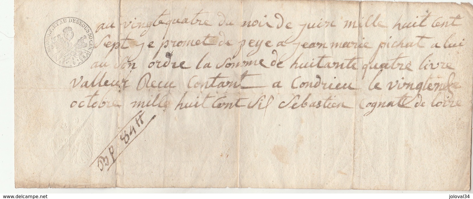 Billet à Ordre Manuscrit 24/6/1807  Condrieu Rhône - Pichat -   - Cachet Fiscal - 1800 – 1899