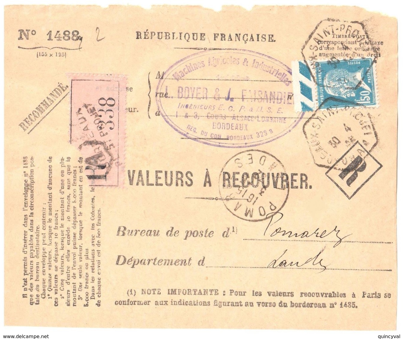 4440 BORDEAUX St Projet Recette Auxiliaire A Valeurs à Recouvrer 1488 1,50 F PasteurDest Pomarez Landes Lautier D4 - Lettres & Documents