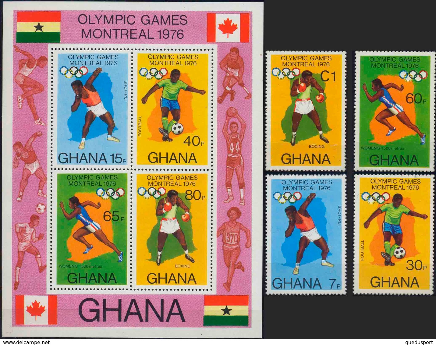 //// JO 1976 - GHANA - Yvert : 553 / 556** + BF 62** - Michel : 646 / 649** + Block 65** - Sommer 1976: Montreal