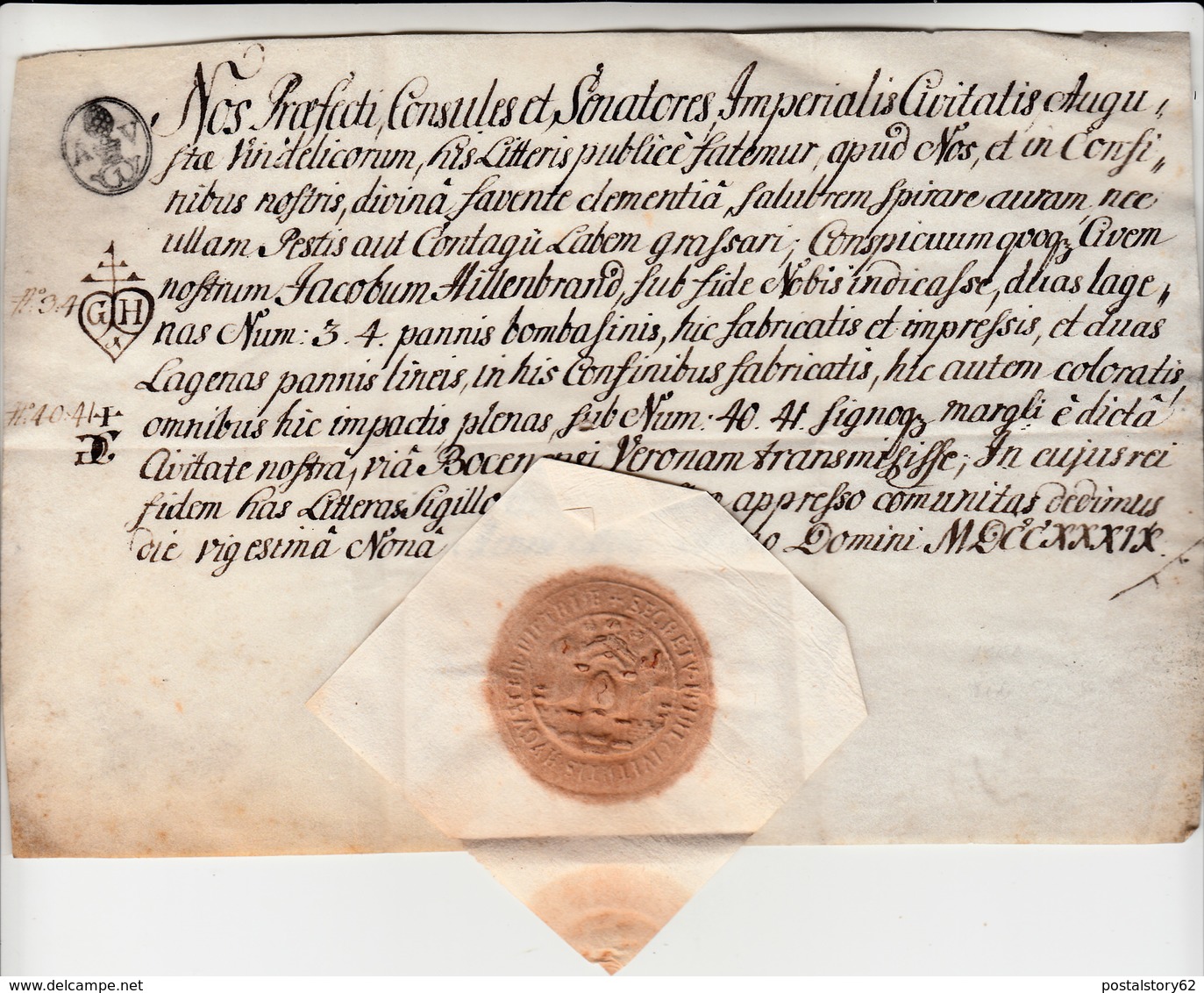 Augusta Vindelicorum, Splendida Fede Di Sanità, Manoscritta Su Carta Pergamena. Anno 1739 - Manuskripte