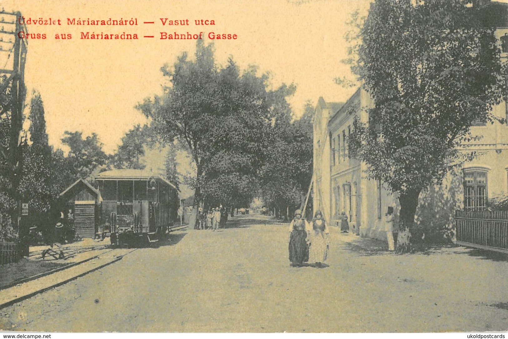 CPA Roumanie, Gruss Aus MARIARADNA, Bahnhof Gasse,  Tram - Roemenië