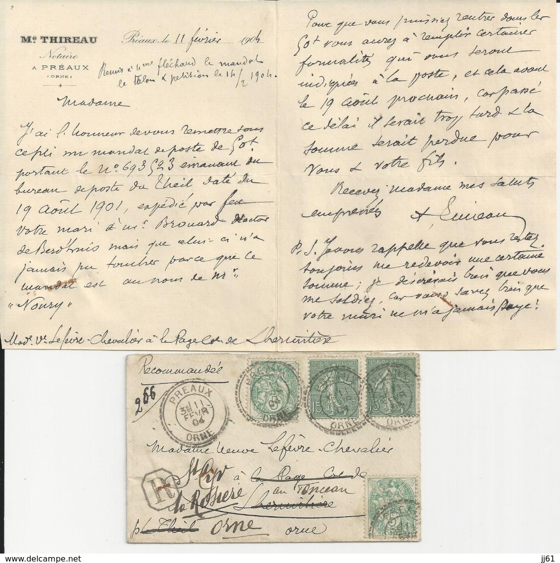 PREAUX ORNE M THIREAU RECOMMANDER AVEC CACHET R ET 4 TIMBRES ENVOYE A SAINT CYR LA ROSIERE LEFEVRE CHEVALIER ANNEE 1903 - Andere & Zonder Classificatie