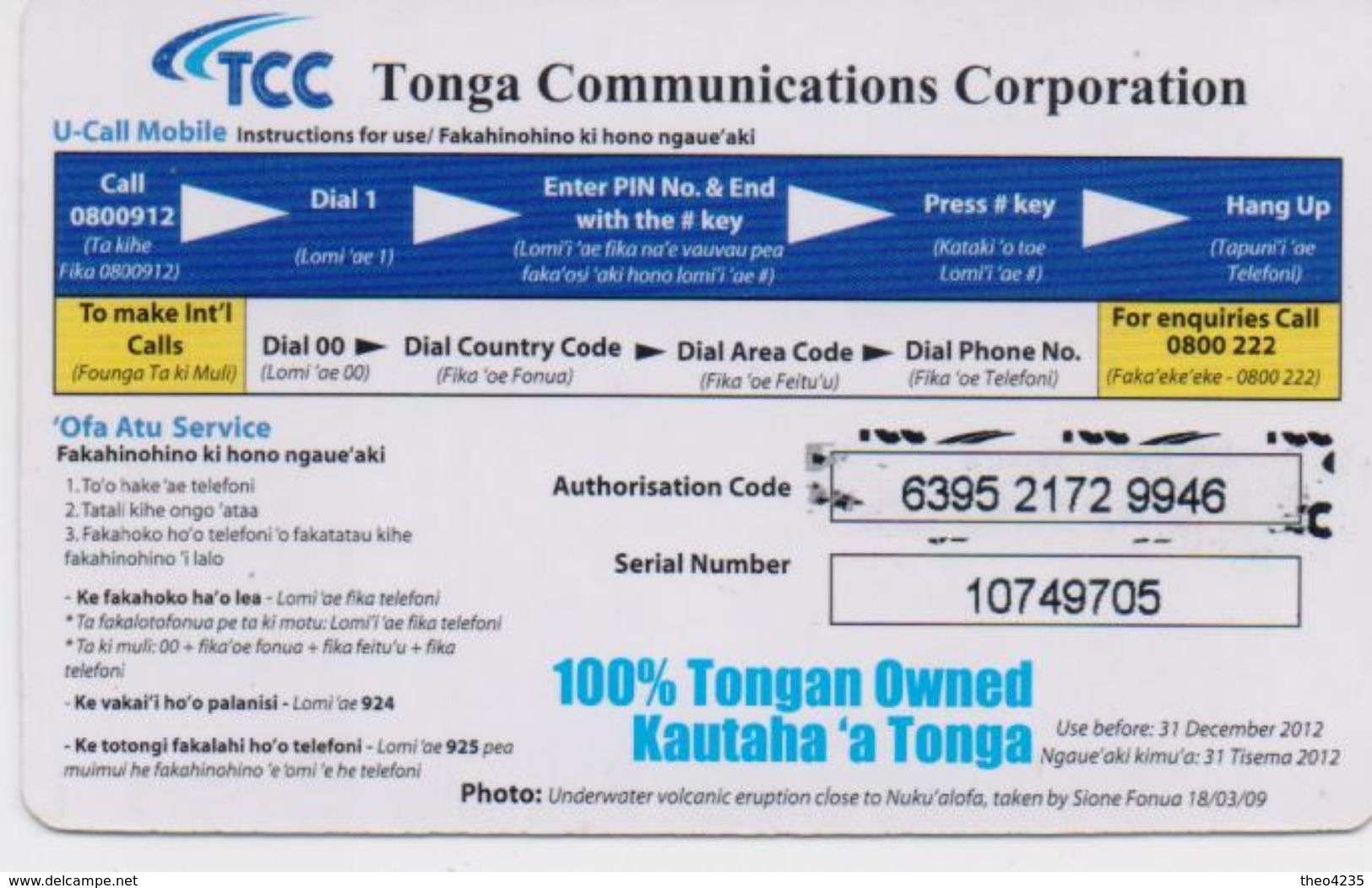 TONGA PREPAID PHONECARD TCC UNDERWATER VOLCANIC ERUPTION  10$- Expire Date 31/12/12- USED(bx1) - Tonga