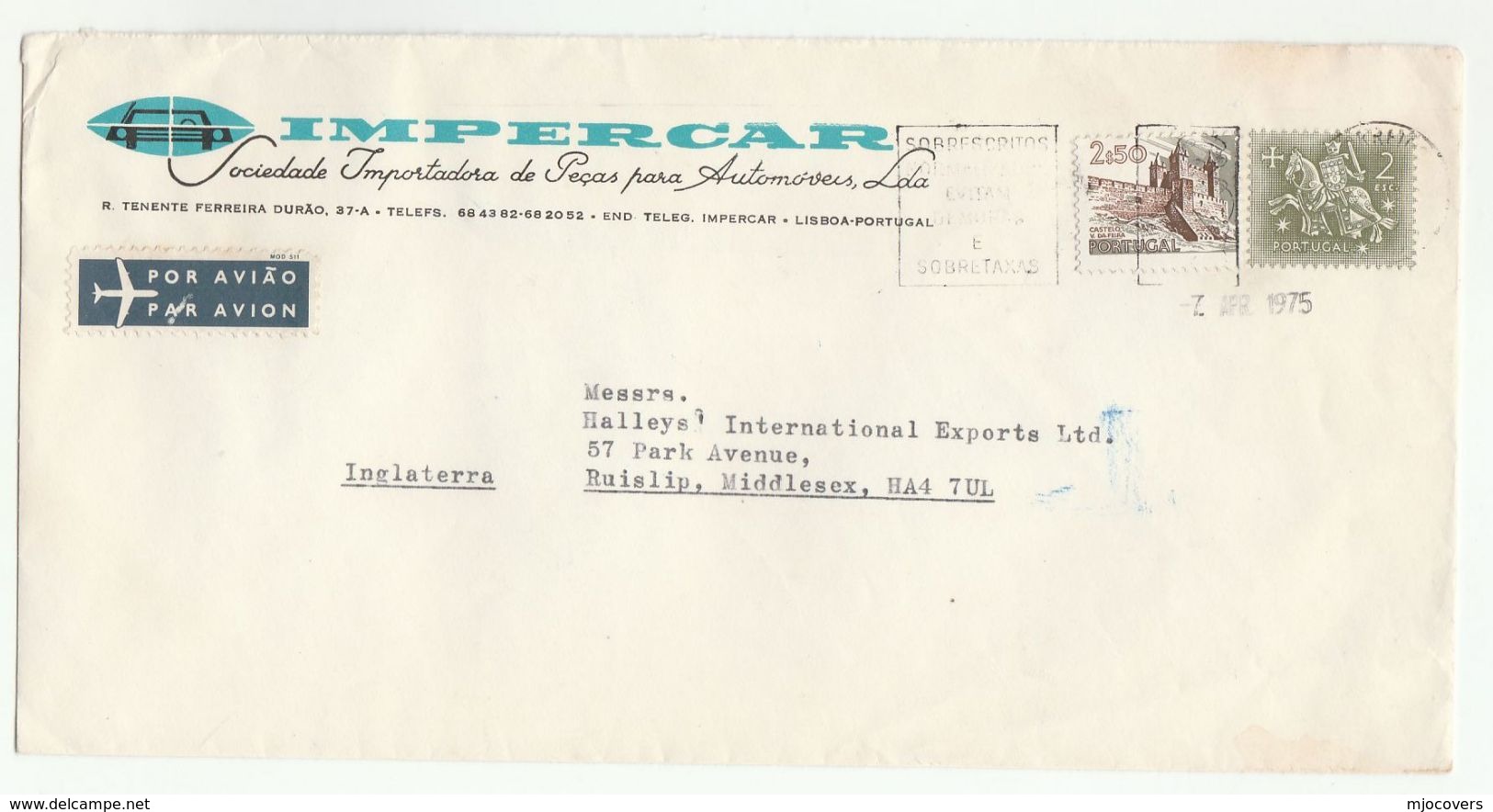 1975 Air Mail PORTUGAL Illus ADVERT COVER Impercar Auto Co KNIGHT HORSE Stamps To GB Airmail Label - Briefe U. Dokumente
